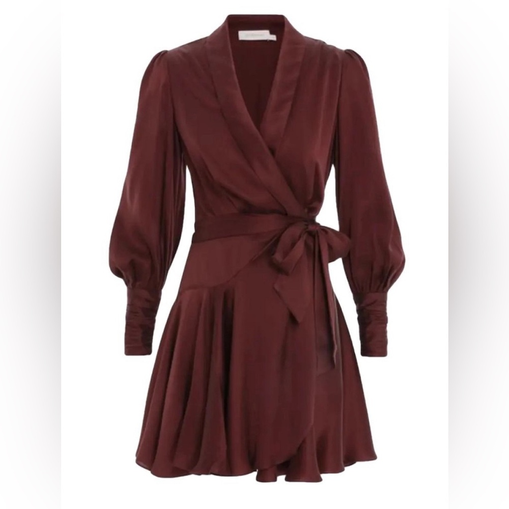 Zimmermann Burgundy Satin Asymmetrical Wrap Dress